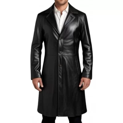 Veste redingote en cuir agneau noir fermeture boutons modèle Frelon