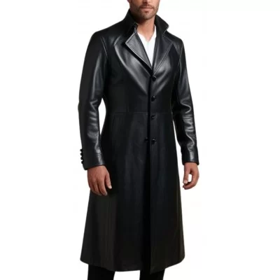 Veste redingote longue en cuir agneau noir fermeture boutons modèle Xaola