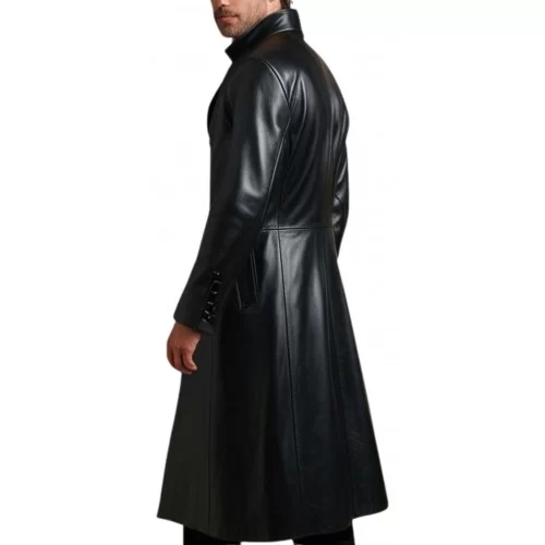 Veste redingote longue en cuir agneau noir fermeture boutons modèle Xaola