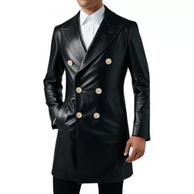 Veste redingote croisée en cuir agneau noir double boutonnage modèle Malorique