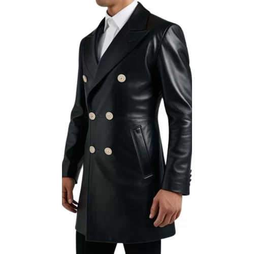 Veste redingote croisée en cuir agneau noir double boutonnage modèle Malorique