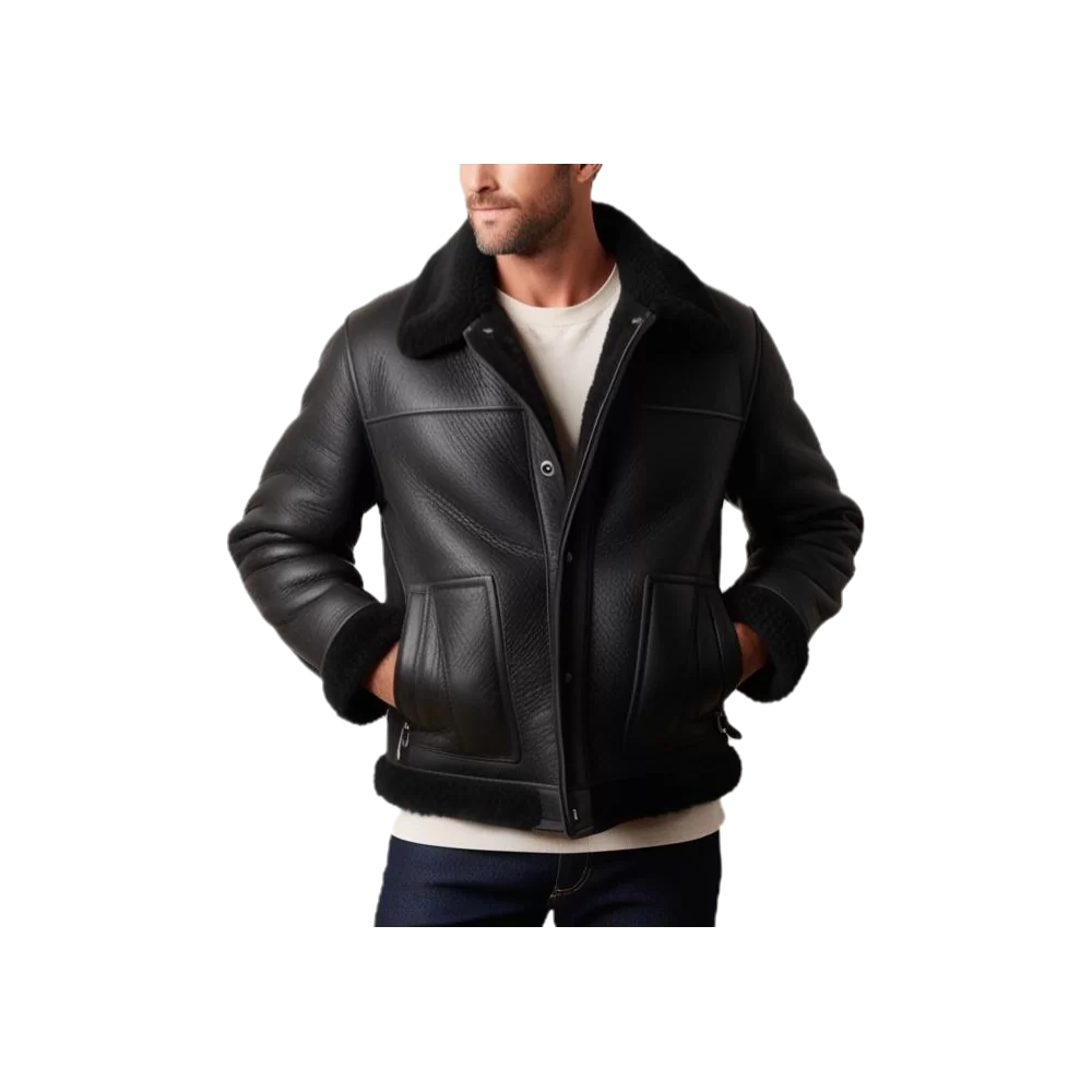 Blouson en mouton retourné extèrieur mouton huilé aspect cuir noir modèle Déridave