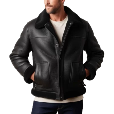 Blouson en mouton retourné extèrieur mouton huilé aspect cuir noir modèle Déridave