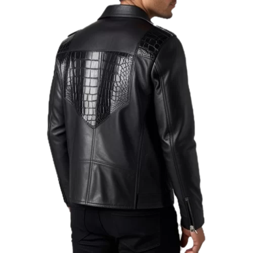 Blouson perfecto agneau plongé noir et bas des manches col et dos en peau de crocodile véritable modèle Caïmane