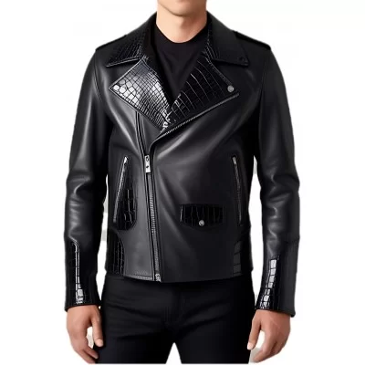 Blouson perfecto agneau plongé noir et bas des manches col et dos en peau de crocodile véritable modèle Caïmane