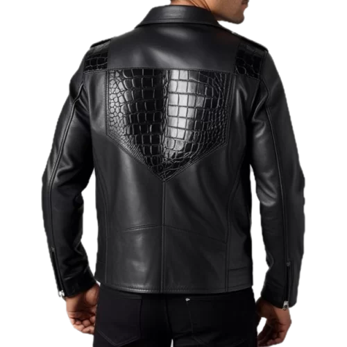 Blouson perfecto agneau plongé noir et bas des manches col et dos en peau de crocodile véritable modèle Caïmane