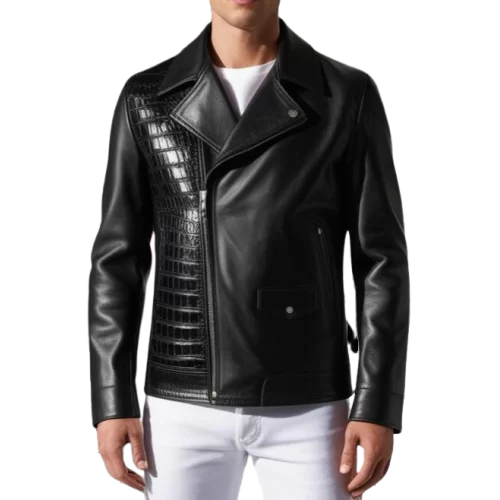 Blouson perfecto agneau plongé noir et devant côté en peau de crocodile véritable modèle Diralo