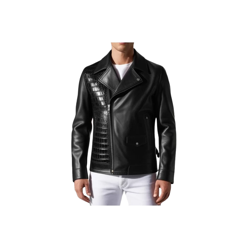 Blouson perfecto agneau plongé noir et devant côté en peau de crocodile véritable modèle Diralo