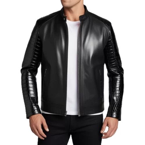 Blouson agneau plongé noir et manches en peau de crocodile véritable modèle Paulona