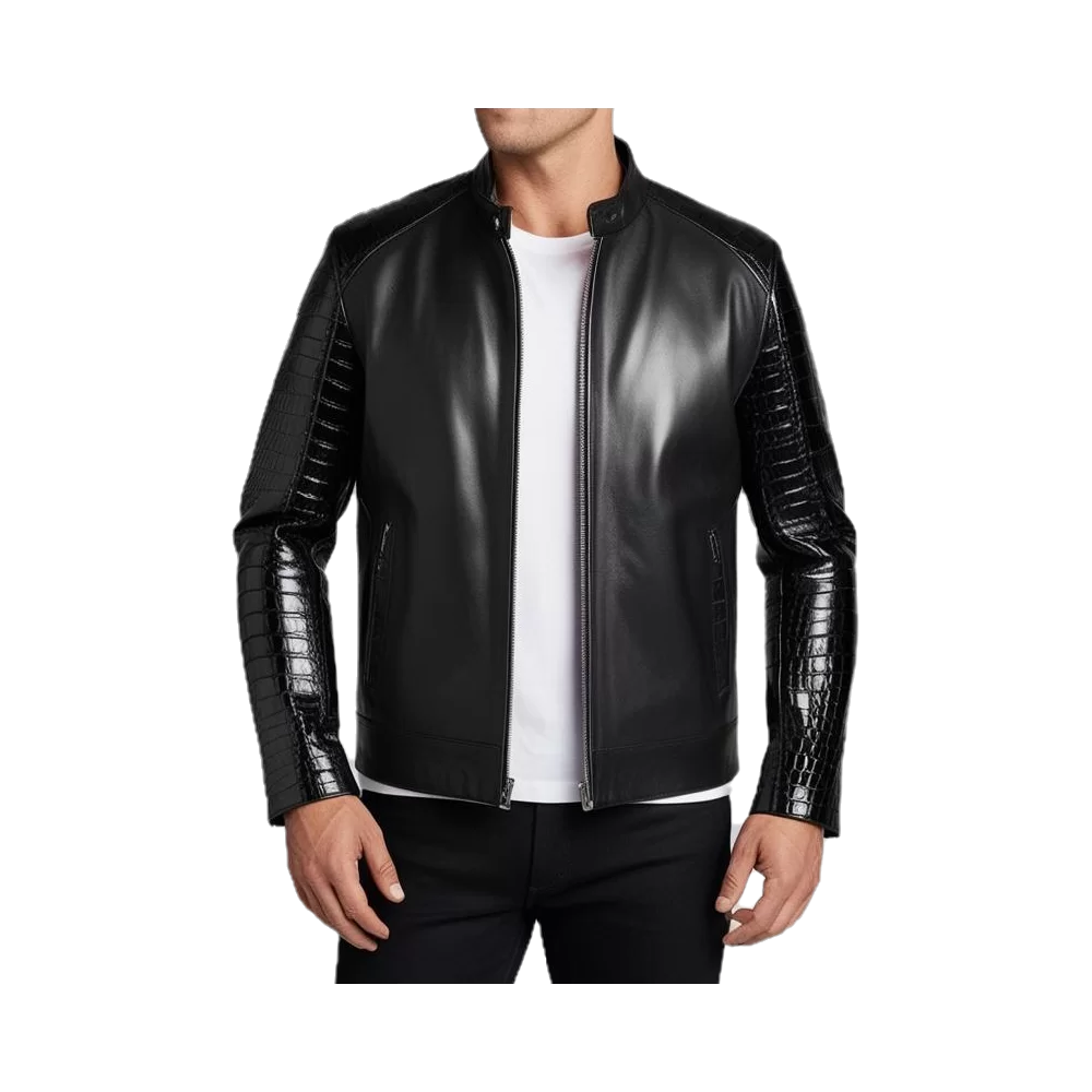 Blouson agneau plongé noir et manches en peau de crocodile véritable modèle Paulona