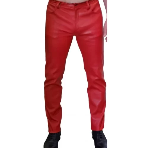 Pantalon cuir stretch jeans agneau rouge modèle Trinity