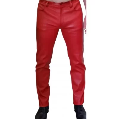 Pantalon cuir stretch jeans agneau rouge modèle Trinity