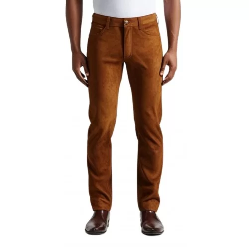 Pantalon cuir stretch jeans agneau velours marron gold modèle Antoine