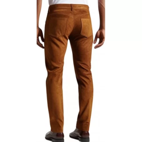 Pantalon cuir stretch jeans agneau velours marron gold modèle Antoine