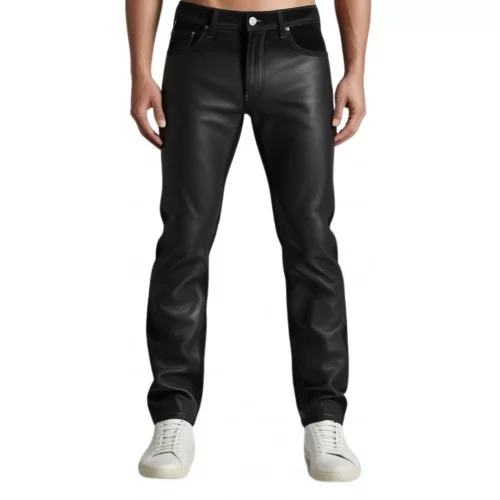 Pantalon jeans cuir deux agneaux noir cuir et peau velours modèle Rossy