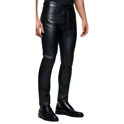 Pantalon cuir homme slim stretch noir avec lacets devant modèle Pricile