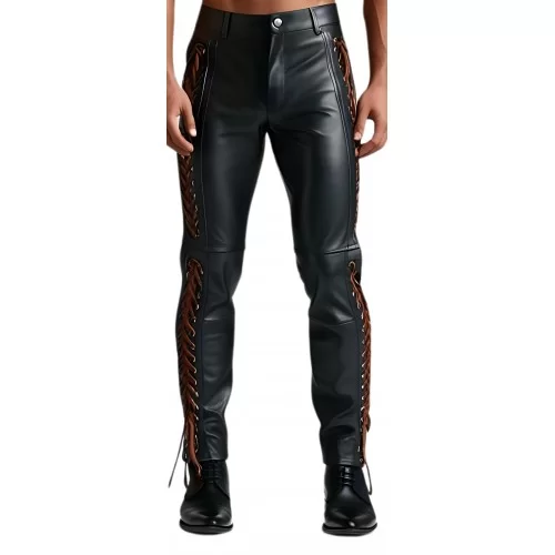 Pantalon jeans cuir noir avec des lacets marron sur les côtés agneau plongé noir modèle Martins