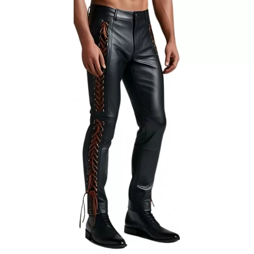 Pantalon jeans cuir noir avec des lacets marron sur les côtés agneau plongé noir modèle Martins