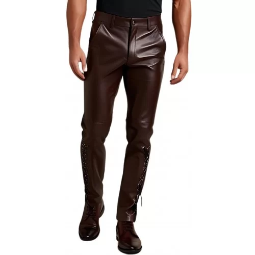 Pantalon en cuir d'agneau marron avec lacets en bas modèle Claudi