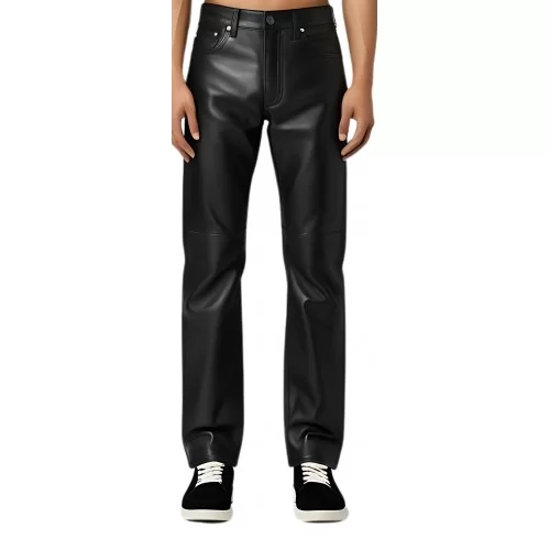 Pantalon en cuir homme coupe jeans évasée cuir agneau noir modèle Arial