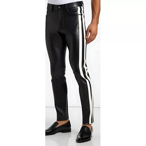 Pantalon cuir stretch jeans agneau noir avec sur les côtés 2 bandes en cuir blanc modèle Neptune