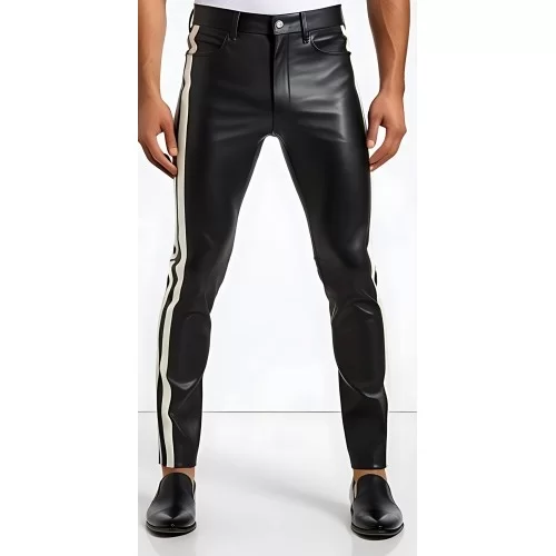 Pantalon cuir stretch jeans agneau noir avec sur les côtés 2 bandes en cuir blanc modèle Neptune