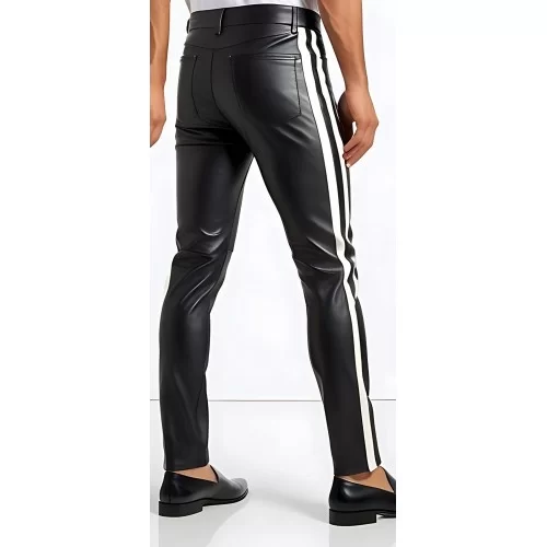 Pantalon cuir stretch jeans agneau noir avec sur les côtés 2 bandes en cuir blanc modèle Neptune