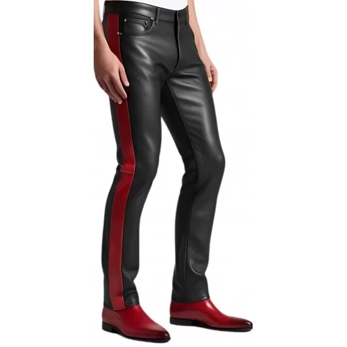 Pantalon cuir stretch jeans agneau noir avec sur les côtés 1 bande en cuir rouge modèle Romain