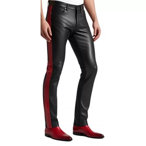 Pantalon cuir stretch jeans agneau noir avec sur les côtés 1 bande en cuir rouge modèle Romain