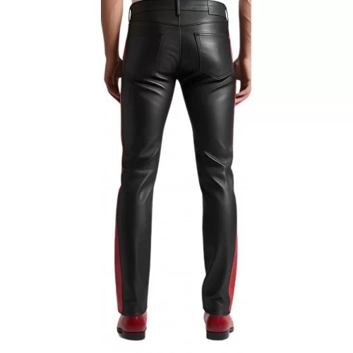 Pantalon cuir stretch jeans agneau noir avec sur les côtés 1 bande en cuir rouge modèle Romain