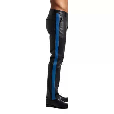 Pantalon en cuir agneau noir coupe jeans avec 1 bande bleue de chaque côté modèle Sidney