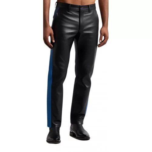 Pantalon en cuir agneau noir coupe jeans avec 1 bande bleue de chaque côté modèle Sidney