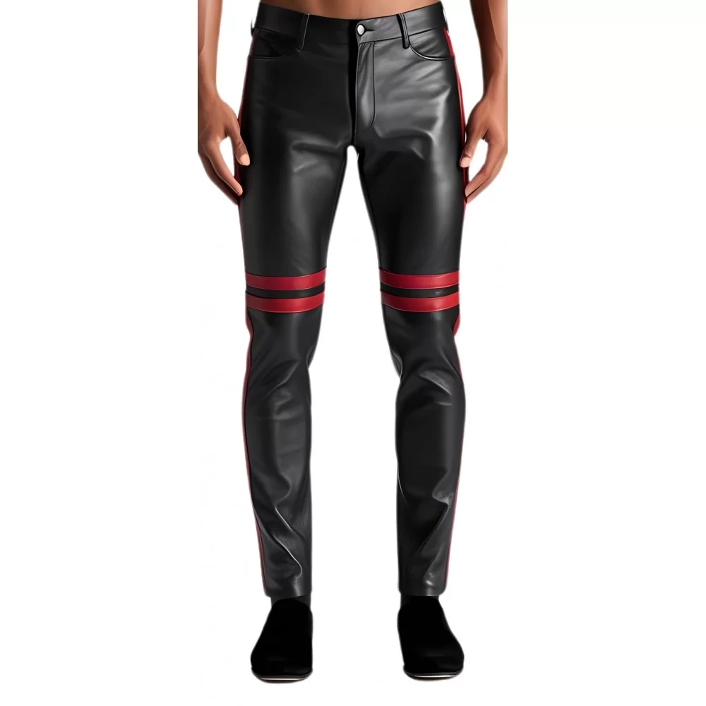 Pantalon cuir stretch jeans agneau noir avec bandes en cuir rouge modèle Rimini