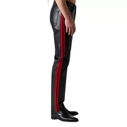 Pantalon jeans en cuir d'agneau noir coupe avec 2 bandes rouge de chaque côté modèle Tradore