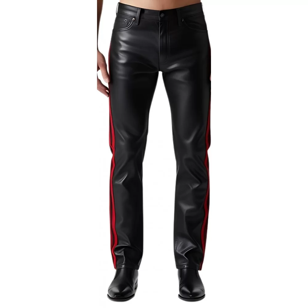 Pantalon jeans en cuir d'agneau noir coupe avec 2 bandes rouge de chaque côté modèle Tradore