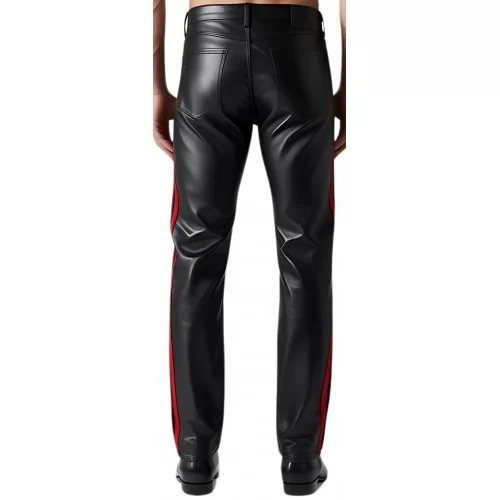 Pantalon jeans en cuir d'agneau noir coupe avec 2 bandes rouge de chaque côté modèle Tradore