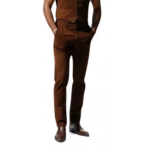 Pantalon poches revolver agneau velours marron modèle Carlos