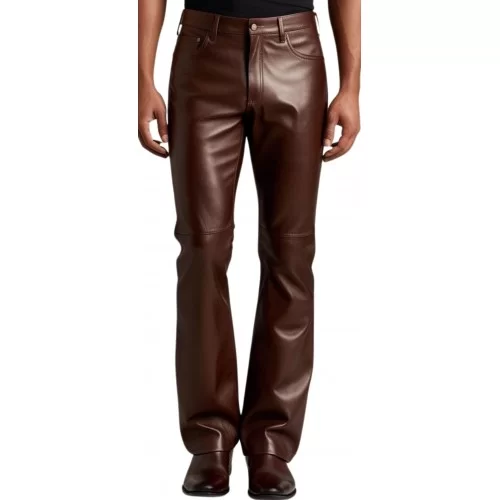 Pantalon en cuir homme coupe jeans évasée en bas en cuir d'agneau marron modèle Patrinia