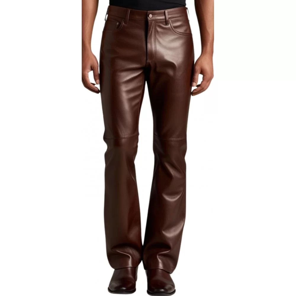 Pantalon en cuir homme coupe jeans évasée en bas en cuir d'agneau marron modèle Patrinia