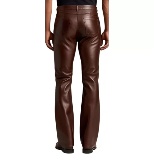 Pantalon en cuir homme coupe jeans évasée en bas en cuir d'agneau marron modèle Patrinia