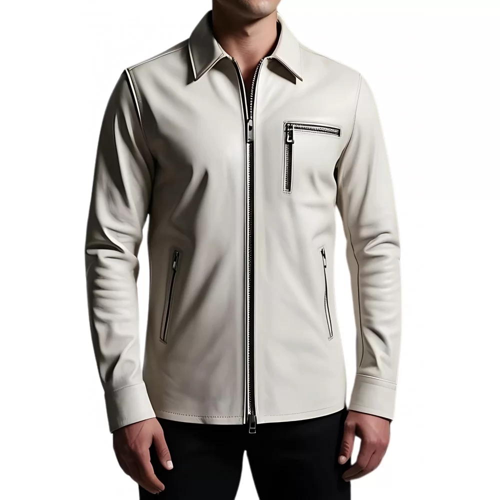 Chemise en cuir agneau blanc fermeture par zip modèle William