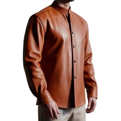 Chemise cuir col officier agneau couleur marron fermée par boutons modèle Yvon