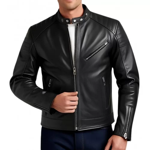 Blouson homme en cuir d'agneau noir modèle Hirisse