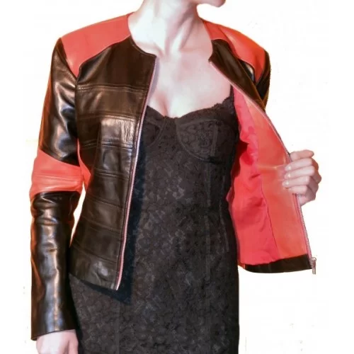 Blouson cuir femme bicolore agneaux plongé rouge et noir modèle Janic