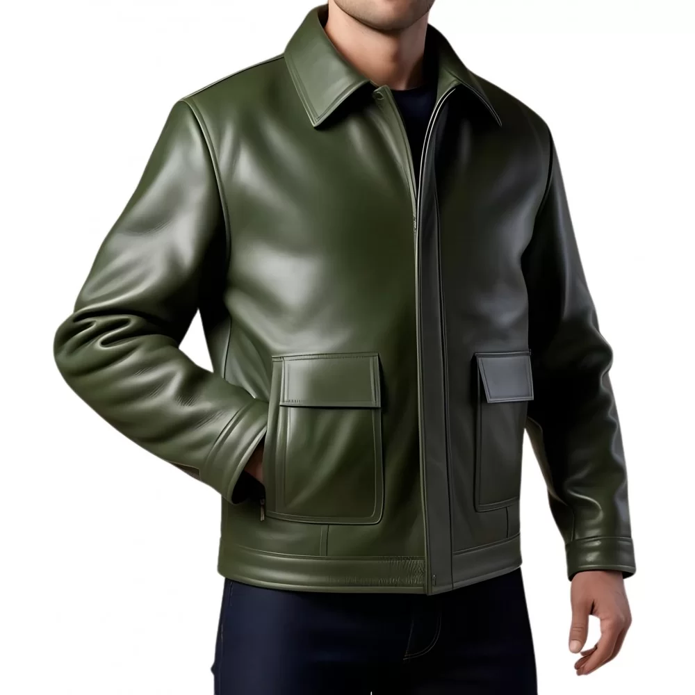 Blouson cuir homme style aviateur en agneau vert modèle Oracion