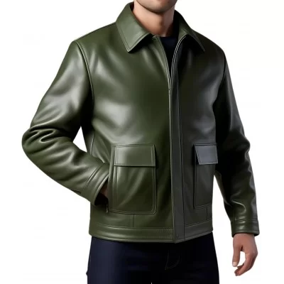 Blouson cuir homme style aviateur en agneau vert modèle Oracion