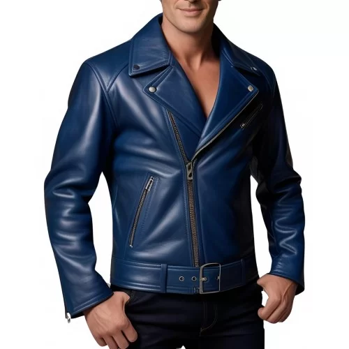 Blouson Perfecto cuir homme en agneau bleu modèle Ignace