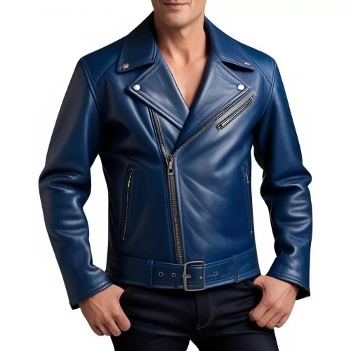 Blouson Perfecto cuir homme en agneau bleu modèle Ignace