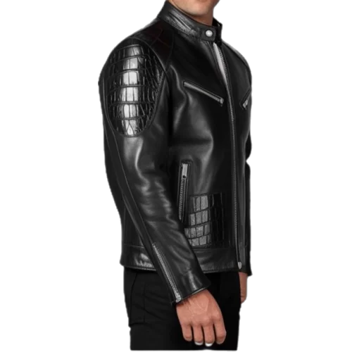 Blouson agneau plongé noir incrustation de peaux de crocodile véritable modèle Zeus