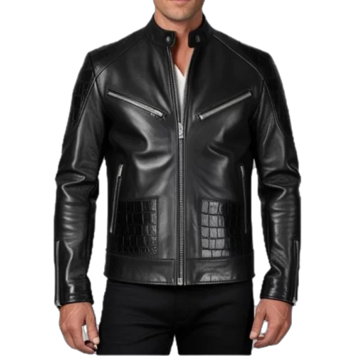 Blouson agneau plongé noir incrustation de peaux de crocodile véritable modèle Zeus